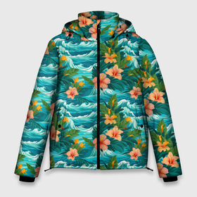 Мужская зимняя куртка 3D с принтом Гавайский   стиль  цветы в Тюмени, верх — 100% полиэстер; подкладка — 100% полиэстер; утеплитель — 100% полиэстер | длина ниже бедра, свободный силуэт Оверсайз. Есть воротник-стойка, отстегивающийся капюшон и ветрозащитная планка. 

Боковые карманы с листочкой на кнопках и внутренний карман на молнии. | 