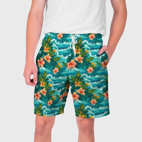Мужские шорты 3D с принтом Гавайский   стиль  цветы в Тюмени,  полиэстер 100% | прямой крой, два кармана без застежек по бокам. Мягкая трикотажная резинка на поясе, внутри которой широкие завязки. Длина чуть выше колен | 