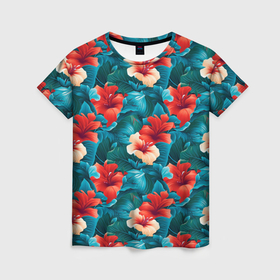 Женская футболка 3D с принтом Цветочки в гавайском стиле в Екатеринбурге, 100% полиэфир ( синтетическое хлопкоподобное полотно) | прямой крой, круглый вырез горловины, длина до линии бедер | 