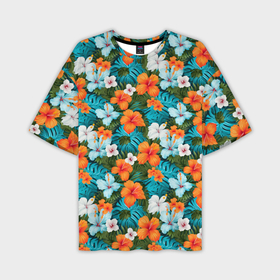 Мужская футболка oversize 3D с принтом Яркие гавайские     цветочки в Санкт-Петербурге,  |  | Тематика изображения на принте: 