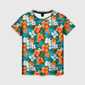 Женская футболка 3D с принтом Яркие гавайские     цветочки в Санкт-Петербурге, 100% полиэфир ( синтетическое хлопкоподобное полотно) | прямой крой, круглый вырез горловины, длина до линии бедер | 