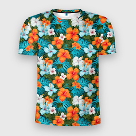 Мужская футболка 3D Slim с принтом Яркие гавайские     цветочки в Санкт-Петербурге, 100% полиэстер с улучшенными характеристиками | приталенный силуэт, круглая горловина, широкие плечи, сужается к линии бедра | Тематика изображения на принте: 