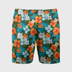 Мужские шорты спортивные с принтом Яркие гавайские     цветочки в Санкт-Петербурге,  |  | Тематика изображения на принте: 