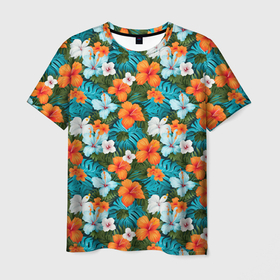 Мужская футболка 3D с принтом Яркие гавайские     цветочки в Санкт-Петербурге, 100% полиэфир | прямой крой, круглый вырез горловины, длина до линии бедер | Тематика изображения на принте: 