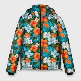 Мужская зимняя куртка 3D с принтом Яркие гавайские     цветочки в Санкт-Петербурге, верх — 100% полиэстер; подкладка — 100% полиэстер; утеплитель — 100% полиэстер | длина ниже бедра, свободный силуэт Оверсайз. Есть воротник-стойка, отстегивающийся капюшон и ветрозащитная планка. 

Боковые карманы с листочкой на кнопках и внутренний карман на молнии. | Тематика изображения на принте: 