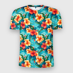 Мужская футболка 3D Slim с принтом Цветы гавайский   стиль в Курске, 100% полиэстер с улучшенными характеристиками | приталенный силуэт, круглая горловина, широкие плечи, сужается к линии бедра | 