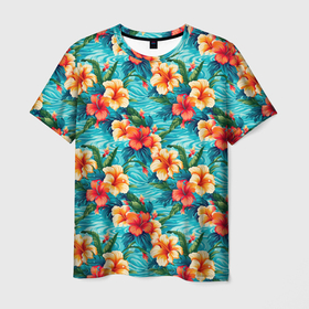 Мужская футболка 3D с принтом Цветы гавайский   стиль в Тюмени, 100% полиэфир | прямой крой, круглый вырез горловины, длина до линии бедер | 