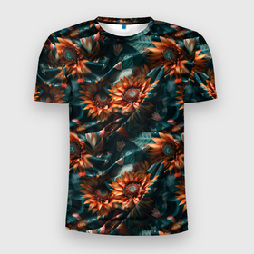 Мужская футболка 3D Slim с принтом Цветы гавайский стиль в Курске, 100% полиэстер с улучшенными характеристиками | приталенный силуэт, круглая горловина, широкие плечи, сужается к линии бедра | 