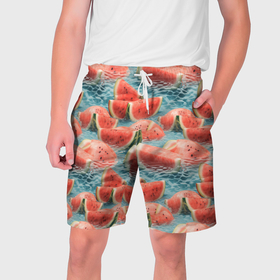 Мужские шорты 3D с принтом Арбузы в воде в Тюмени,  полиэстер 100% | прямой крой, два кармана без застежек по бокам. Мягкая трикотажная резинка на поясе, внутри которой широкие завязки. Длина чуть выше колен | 