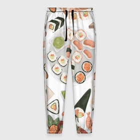 Мужские брюки 3D с принтом Sushi style в Санкт-Петербурге, 100% полиэстер | манжеты по низу, эластичный пояс регулируется шнурком, по бокам два кармана без застежек, внутренняя часть кармана из мелкой сетки | Тематика изображения на принте: 