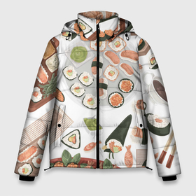 Мужская зимняя куртка 3D с принтом Sushi style в Петрозаводске, верх — 100% полиэстер; подкладка — 100% полиэстер; утеплитель — 100% полиэстер | длина ниже бедра, свободный силуэт Оверсайз. Есть воротник-стойка, отстегивающийся капюшон и ветрозащитная планка. 

Боковые карманы с листочкой на кнопках и внутренний карман на молнии. | 
