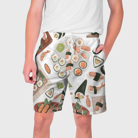 Мужские шорты 3D с принтом Sushi style в Санкт-Петербурге,  полиэстер 100% | прямой крой, два кармана без застежек по бокам. Мягкая трикотажная резинка на поясе, внутри которой широкие завязки. Длина чуть выше колен | Тематика изображения на принте: 