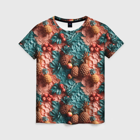 Женская футболка 3D с принтом Гавайский  стиль паттерн в Екатеринбурге, 100% полиэфир ( синтетическое хлопкоподобное полотно) | прямой крой, круглый вырез горловины, длина до линии бедер | 