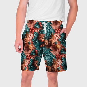 Мужские шорты 3D с принтом Гавайский  стиль паттерн в Тюмени,  полиэстер 100% | прямой крой, два кармана без застежек по бокам. Мягкая трикотажная резинка на поясе, внутри которой широкие завязки. Длина чуть выше колен | 