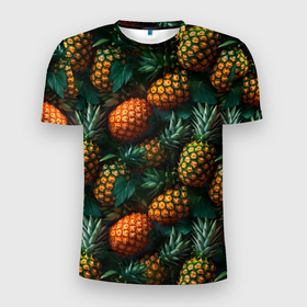 Мужская футболка 3D Slim с принтом Сочные ананасы в Екатеринбурге, 100% полиэстер с улучшенными характеристиками | приталенный силуэт, круглая горловина, широкие плечи, сужается к линии бедра | 