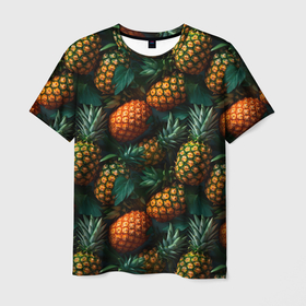 Мужская футболка 3D с принтом Сочные ананасы в Екатеринбурге, 100% полиэфир | прямой крой, круглый вырез горловины, длина до линии бедер | 