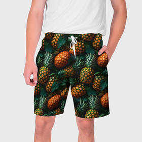 Мужские шорты 3D с принтом Сочные ананасы в Екатеринбурге,  полиэстер 100% | прямой крой, два кармана без застежек по бокам. Мягкая трикотажная резинка на поясе, внутри которой широкие завязки. Длина чуть выше колен | 