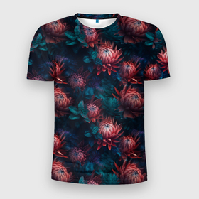 Мужская футболка 3D Slim с принтом Гавайские ночные цветы в Новосибирске, 100% полиэстер с улучшенными характеристиками | приталенный силуэт, круглая горловина, широкие плечи, сужается к линии бедра | Тематика изображения на принте: 