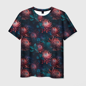 Мужская футболка 3D с принтом Гавайские ночные цветы в Петрозаводске, 100% полиэфир | прямой крой, круглый вырез горловины, длина до линии бедер | 