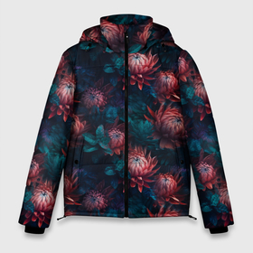 Мужская зимняя куртка 3D с принтом Гавайские ночные цветы в Санкт-Петербурге, верх — 100% полиэстер; подкладка — 100% полиэстер; утеплитель — 100% полиэстер | длина ниже бедра, свободный силуэт Оверсайз. Есть воротник-стойка, отстегивающийся капюшон и ветрозащитная планка. 

Боковые карманы с листочкой на кнопках и внутренний карман на молнии. | 