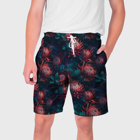 Мужские шорты 3D с принтом Гавайские ночные цветы в Новосибирске,  полиэстер 100% | прямой крой, два кармана без застежек по бокам. Мягкая трикотажная резинка на поясе, внутри которой широкие завязки. Длина чуть выше колен | Тематика изображения на принте: 