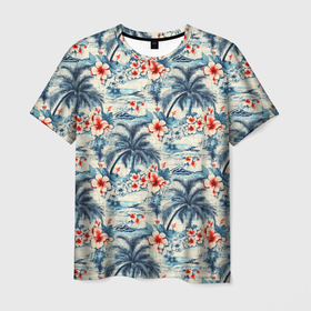 Мужская футболка 3D с принтом Гавайский стиль синие пальмы в Тюмени, 100% полиэфир | прямой крой, круглый вырез горловины, длина до линии бедер | 