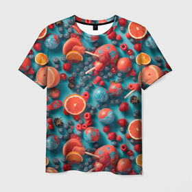 Мужская футболка 3D с принтом Летние  фрукты микс в Тюмени, 100% полиэфир | прямой крой, круглый вырез горловины, длина до линии бедер | Тематика изображения на принте: 