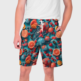 Мужские шорты 3D с принтом Летние  фрукты микс в Тюмени,  полиэстер 100% | прямой крой, два кармана без застежек по бокам. Мягкая трикотажная резинка на поясе, внутри которой широкие завязки. Длина чуть выше колен | 