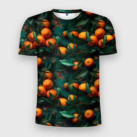 Мужская футболка 3D Slim с принтом Яркие апельсины , 100% полиэстер с улучшенными характеристиками | приталенный силуэт, круглая горловина, широкие плечи, сужается к линии бедра | 