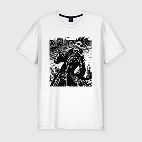 Мужская футболка хлопок Slim с принтом В кожаном плаще мёртвый анархист в Кировске, 92% хлопок, 8% лайкра | приталенный силуэт, круглый вырез ворота, длина до линии бедра, короткий рукав | 