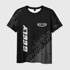 Мужская футболка 3D с принтом Geely speed на темном фоне со следами шин: надпись, символ , 100% полиэфир | прямой крой, круглый вырез горловины, длина до линии бедер | 