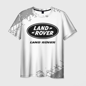 Мужская футболка 3D с принтом Land Rover speed на светлом фоне со следами шин в Курске, 100% полиэфир | прямой крой, круглый вырез горловины, длина до линии бедер | Тематика изображения на принте: 