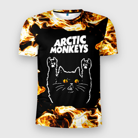 Мужская футболка 3D Slim с принтом Arctic Monkeys рок кот и огонь в Новосибирске, 100% полиэстер с улучшенными характеристиками | приталенный силуэт, круглая горловина, широкие плечи, сужается к линии бедра | 