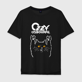 Мужская футболка хлопок Oversize с принтом Ozzy Osbourne rock cat в Новосибирске, 100% хлопок | свободный крой, круглый ворот, “спинка” длиннее передней части | Тематика изображения на принте: 