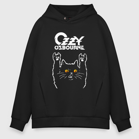 Мужское худи Oversize хлопок с принтом Ozzy Osbourne rock cat в Новосибирске, френч-терри — 70% хлопок, 30% полиэстер. Мягкий теплый начес внутри —100% хлопок | боковые карманы, эластичные манжеты и нижняя кромка, капюшон на магнитной кнопке | 