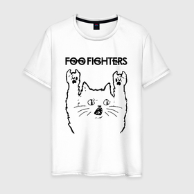 Мужская футболка хлопок с принтом Foo Fighters   rock cat в Тюмени, 100% хлопок | прямой крой, круглый вырез горловины, длина до линии бедер, слегка спущенное плечо. | 