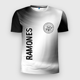 Мужская футболка 3D Slim с принтом Ramones glitch на светлом фоне: надпись, символ в Курске, 100% полиэстер с улучшенными характеристиками | приталенный силуэт, круглая горловина, широкие плечи, сужается к линии бедра | 