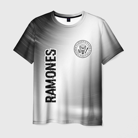 Мужская футболка 3D с принтом Ramones glitch на светлом фоне: надпись, символ , 100% полиэфир | прямой крой, круглый вырез горловины, длина до линии бедер | 