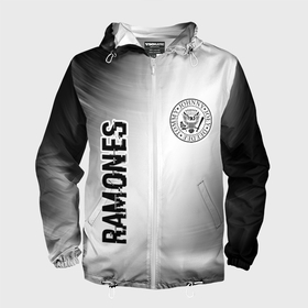 Мужская ветровка 3D с принтом Ramones glitch на светлом фоне: надпись, символ в Курске, 100% полиэстер | подол и капюшон оформлены резинкой с фиксаторами, два кармана без застежек по бокам, один потайной карман на груди | 