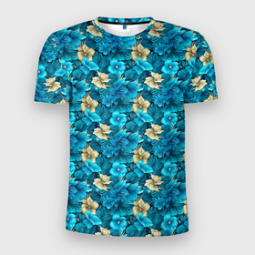 Мужская футболка 3D Slim с принтом Цветочки паттерн гавайский стиль в Тюмени, 100% полиэстер с улучшенными характеристиками | приталенный силуэт, круглая горловина, широкие плечи, сужается к линии бедра | 