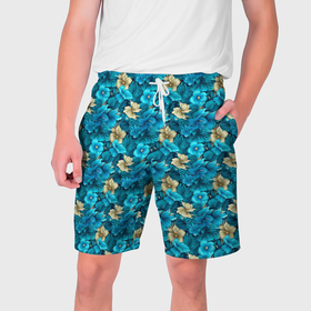 Мужские шорты 3D с принтом Цветочки паттерн гавайский стиль в Тюмени,  полиэстер 100% | прямой крой, два кармана без застежек по бокам. Мягкая трикотажная резинка на поясе, внутри которой широкие завязки. Длина чуть выше колен | 