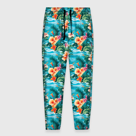 Мужские брюки 3D с принтом Гавайские летние цветочки в Петрозаводске, 100% полиэстер | манжеты по низу, эластичный пояс регулируется шнурком, по бокам два кармана без застежек, внутренняя часть кармана из мелкой сетки | 