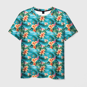 Мужская футболка 3D с принтом Гавайские летние цветочки в Курске, 100% полиэфир | прямой крой, круглый вырез горловины, длина до линии бедер | Тематика изображения на принте: 