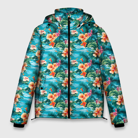 Мужская зимняя куртка 3D с принтом Гавайские летние цветочки в Петрозаводске, верх — 100% полиэстер; подкладка — 100% полиэстер; утеплитель — 100% полиэстер | длина ниже бедра, свободный силуэт Оверсайз. Есть воротник-стойка, отстегивающийся капюшон и ветрозащитная планка. 

Боковые карманы с листочкой на кнопках и внутренний карман на молнии. | Тематика изображения на принте: 