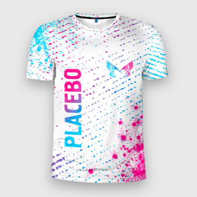 Мужская футболка 3D Slim с принтом Placebo neon gradient style: надпись, символ в Петрозаводске, 100% полиэстер с улучшенными характеристиками | приталенный силуэт, круглая горловина, широкие плечи, сужается к линии бедра | 