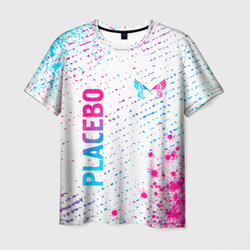 Мужская футболка 3D с принтом Placebo neon gradient style: надпись, символ в Екатеринбурге, 100% полиэфир | прямой крой, круглый вырез горловины, длина до линии бедер | 