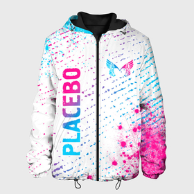 Мужская куртка 3D с принтом Placebo neon gradient style: надпись, символ в Екатеринбурге, ткань верха — 100% полиэстер, подклад — флис | прямой крой, подол и капюшон оформлены резинкой с фиксаторами, два кармана без застежек по бокам, один большой потайной карман на груди. Карман на груди застегивается на липучку | 