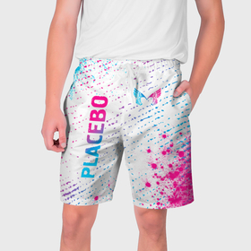 Мужские шорты 3D с принтом Placebo neon gradient style: надпись, символ в Петрозаводске,  полиэстер 100% | прямой крой, два кармана без застежек по бокам. Мягкая трикотажная резинка на поясе, внутри которой широкие завязки. Длина чуть выше колен | 