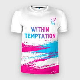 Мужская футболка 3D Slim с принтом Within Temptation neon gradient style: символ сверху в Санкт-Петербурге, 100% полиэстер с улучшенными характеристиками | приталенный силуэт, круглая горловина, широкие плечи, сужается к линии бедра | Тематика изображения на принте: 
