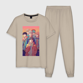 Мужская пижама хлопок с принтом BTS  art anime в Белгороде, 100% хлопок | брюки и футболка прямого кроя, без карманов, на брюках мягкая резинка на поясе и по низу штанин
 | 